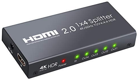 Neoteck HDMI 2.0 Splitter 4 Way 4K@60Hz YUV 4:4:4 and HDR Smart Splitter Box 1 in 4 out HDMI Distribution Amplifier Switcher for One X PS4 Pro Sky Box Blu-ray Player HD TV Projector