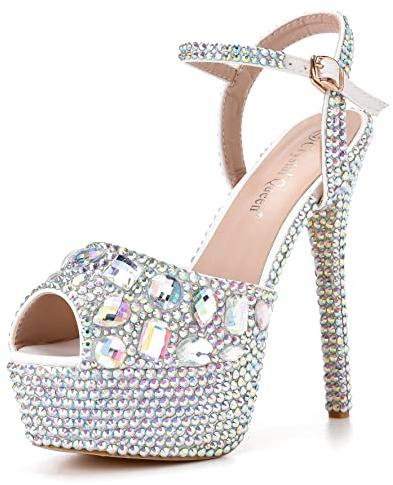 Crystal Queen 5.5 Inches Rhinestone High Heel Sandals Peep Toe Platform High Heels Sandals Multi Rhinestone Wedding Bridal Party Evening Shoes Pumps (34, Multicolor)