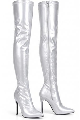 Golden Beads Women Thigh High Boots Over The Knee Boots With High Stiletto Heels Zip Up Boots in Pointy Toe