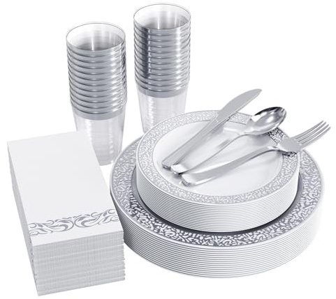 FOCUSLINE 175 Pieces Silver Disposable Dinnerware Set for 25 Guests