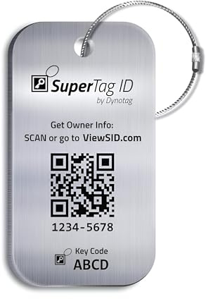 Dynotag® Sentry Series Solid Metal Web Enabled Smart Luggage Tag ID + Steel Loop, with DynoIQ™ & Lifetime Recovery Service (Brushed Steel)