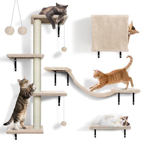 Zvonema Kletterwand für Katzen-10-teilig Katzen Kletterwand Set,Große Hängebrücke,Kratzsäulen mit Sisal,Ruhe und Spielwandregal mit Spurenkugel,Katzenmöbel für den Innenbereich bis 10 kg