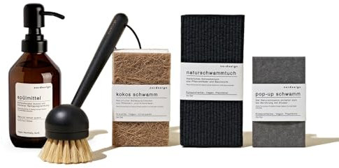 Spülset 8-teilig von nordesign: Eleganter Spülmittelspender, Schwarze Spülbürste & umweltfreundliche Schwämme. Stylish & praktisch für Deine Küche