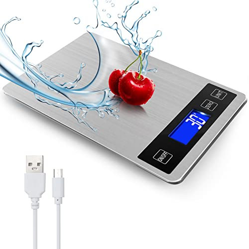 Báscula digital de cocina de alimentos de 33 libras, graduación precisa de 0.05 onzas, báscula de cocina de carga USB, acero inoxidable impermeable con pantalla LCD, onzas y gramos para pérdida de