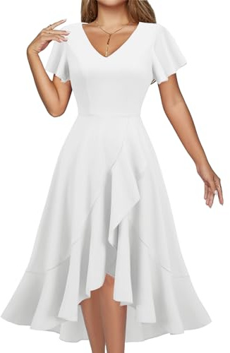 DRESSTELLS Cocktail Dress for Women 2026 Wedding Guest, Semi Formal Graduation Bridesmaid Party A Line V Neck Prom Fit and Flare Prom Spring Summer Dress White 3XL