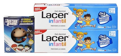 LACER INFANTIL - Pack 2 x 75 ml Gel Dental Sabor Fresa con una de las Figuras de Batman, para Niños de 6 meses a 6 años, Previene la Caries, Fórmula de Flúor Más Calcio, Cuida los Dientes de Leche