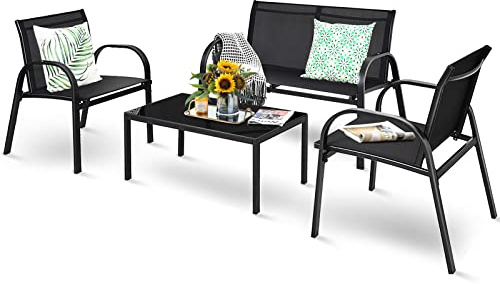 GIANTEX Set da Giardino 4 Posti, composto da Tavolino, Panca e 2 Sedie, Rivestimento in Textilene, Mobili da Esterno Comodi per Giardino e Terrazzo