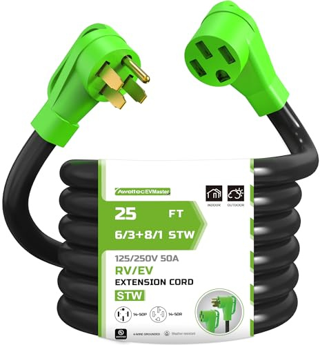 EVMaster 50 Amp RV/EV Extension Cord 25 FT, Heavy Duty NEMA 14-50P to 14-50R, 6/3+8/1 Gauge STW Pure Copper Wire, 250V/12500W for Outdoor Camping, Green with Grip Handle