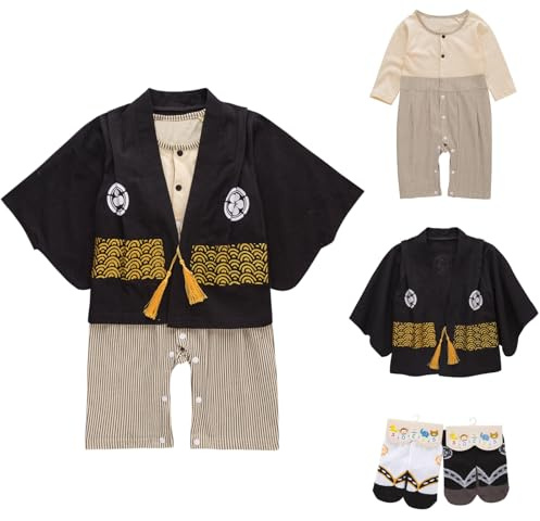 KRUIHAN Kimono-baby Romper, Anime body och body för barn, bomull, kimono, cosplay kostym för barn, med 2 par strumpor, svart, 70(9-12 månader)