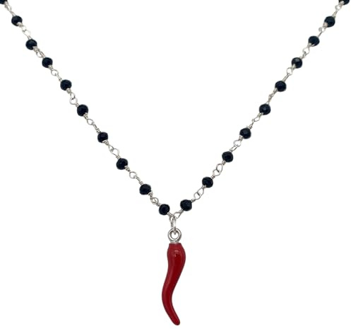 stylen Collana Donna Corno Rosso Portafortuna e Cristalli Neri – Girocollo Stile Rosario Napoletano – Ciondolo Cornetto Smaltato Rosso.