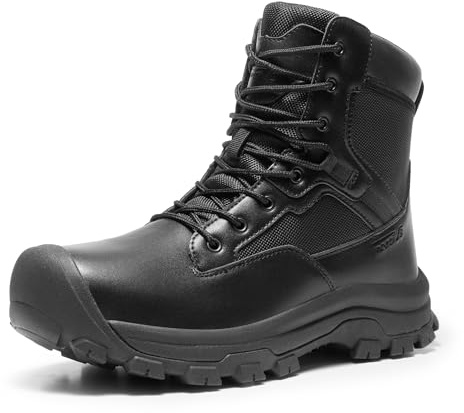 NORTIV 8 Botas tácticas militares impermeables para hombre, con puntera de goma, de piel, para senderismo, motocicleta, combate, Negro, 43 EU