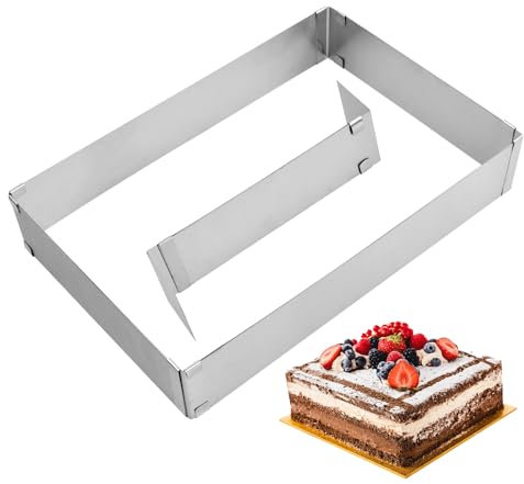 PTJJXA Anello per Torta Quadrato, Tortiera Rettangolare Regolabile, Stampo Rettangolare Torta con Divisori, Regolabile 28-53 cm x 18-34 cm per Torte di Pan di Spagna, Torte Mousse, Pasticcini (5CM)