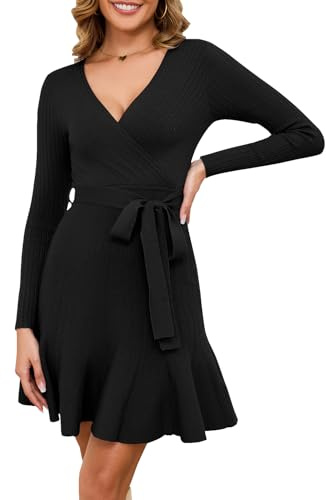 Arach&Cloz Jumper Dress for Women UK V Neck Winter Knitted Wrap Dress Long Sleeve Casual Party Dress with Belt (Black,Large)