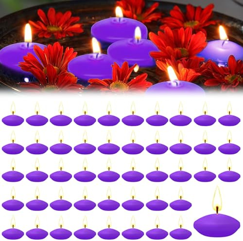 Hengrongshen 50 Pezzi Candele Galleggianti Viola, 3,5 CM Candela Galleggiante Senza Profumo, Fumo & Goccia, Candele Galleggianti Piscina per San Valentino, Matrimonio, Vacanze, Feste (Viola)
