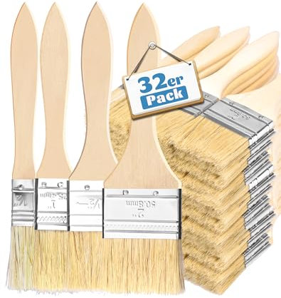 32 Pinceaux Peinture 5,08 cm, 3,81 cm, 2,54 cm et 1,27 cm Pinceau Plat avec Manche Pinceau Vernis Bois Peinture Murale Brosse