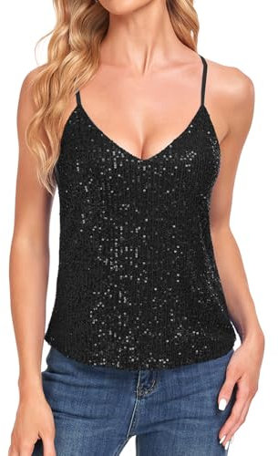 MINTLIMIT Damen Pailletten Oberteil Ärmellos Glitzer Shirt V-Ausschnitt Camisole Bluse Party Cocktail Oberteile, Schwarz