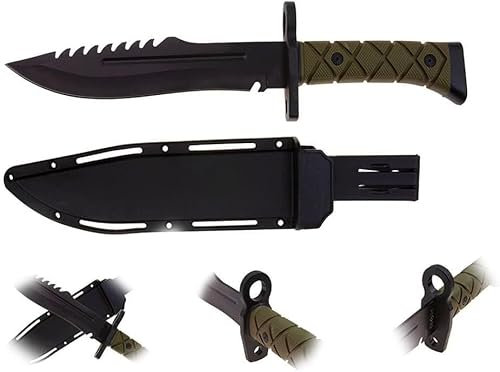 KS-11 Survival Messer mit feststehender Klinge incl. Kunststoff Holster. Schwarz - Grünes Bushcraft Knife - perfektes Outdoor Messer - Jagdmesser - Gürtelmesser - Gesamtlänge 34cm