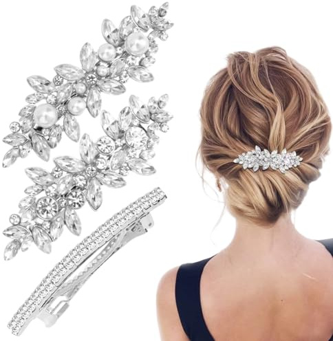 CULEO Forcini per Capelli da Sposa in Argento con Strass e Perle di Cristallo, Confezione da 3, Adatti per Occasioni Formali e Quotidiane