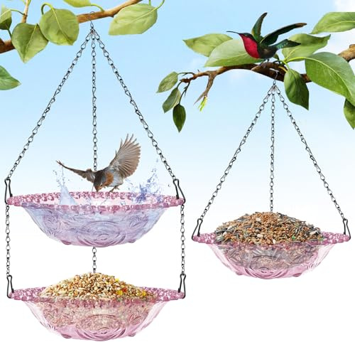 YeahBoom 2 Piezas Comedero para Pájaros,Comedero para Pájaros con Cadena,Redondo Comedero Colgante para Pájaros,Comedero Pajaros Exterior,Comedero Suspendido de Doble Capa,Bird Feeder Water Outdoor