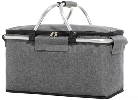 Hopfällbar shoppingkorg, shoppingkorg med kylfunktion, termo som picknickkorg, kylbox bärbar med vadderade handtag, bärkorg, för resor, picknick, shopping (grå)