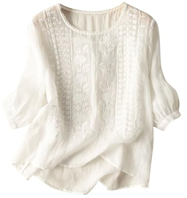 Uwdiohq Camisa De Mujer con Parches Encaje Lino Y Algodón Bordado Camisetas Tirantes (White, L) Ropa Elegante Blusa Top Negro Fiesta Camiseta Blanca Roja Interior Tunica Camisas Tops Deportivos