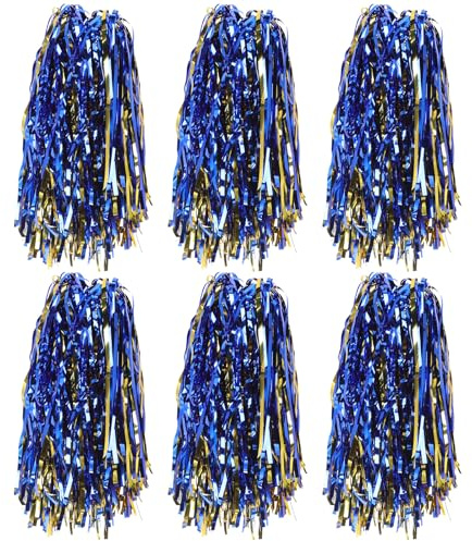 EXAOMBLE Pompones de Animadora 6 Piezas Mango Metálico PP, Colores Azul y Dorado, Accesorios para Porristas en Competiciones Deportivas y Baile Aeróbico