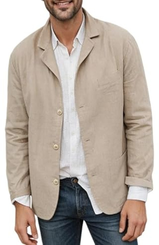 HUIANGLIYG Giacca Sportiva da Uomo in Forma di Lino Casual Notch con Bavero Giacca Estiva Leggera e Traspirante Camicia Esterna A Taglio Largo con Tasche per L'Uso Quotidiano Kaki 3XL