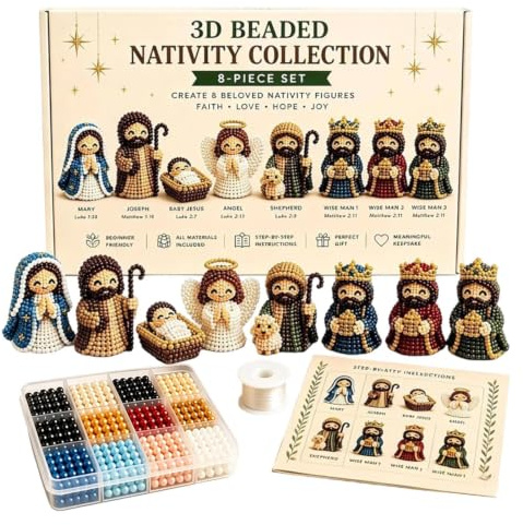 Ensemble de perles en forme de crèche de Noël – Kit de perles 3D faites à la main, projet de bricolage de vacances | Outil créatif inspiré de la foi, fabrication de figurines décoratives pour