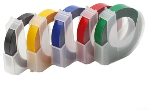 5-pack präglingstejp 9 mm x kompatibel med motex för Omega hem etikettmaskin – fluorescerande vinyl påfyllningsrullar för gör-det-själv hantverk kontor organisation