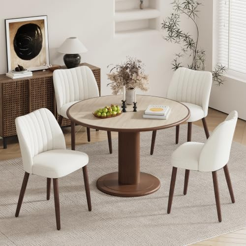 MALOL Lot de 4 chaises de Salle à Manger rembourrées en Tissu – Pieds en Bois Massif, Coussin d'assise épais et Patins antidérapants – Chaise de Cuisine Moderne au Design élégant,Couleur Beige