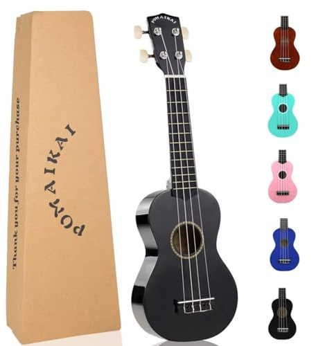POMAIKAI Soprano Ukulele for Beginners, 21 Inch Ukulele Wood Toddler Guitar Small Hawaiian Ukalalee Starter (Black)