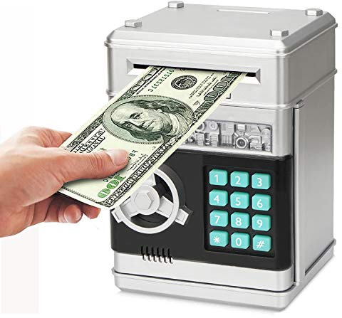 Revanom Electronic Piggy Bank, Mini ATM Password Money Bank Cash Coins Saving Box for Kids, Cartoon Safe Bank Box Perfect Toy Gifts for Boys Girls (Silvery)