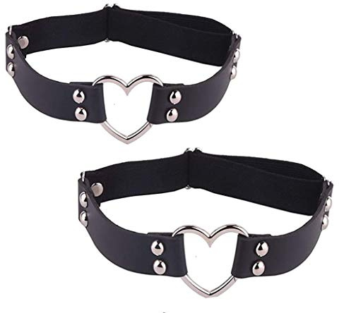 BaBakiak 2PCS Leather Heart Garter - Adjustable Leg Ring for Cosplay, Spike Party