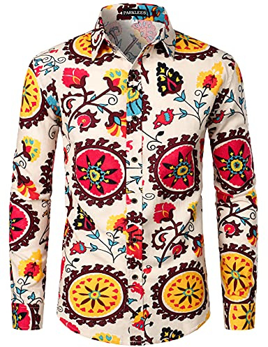PARKLEES Chemise en satin à manches longues boutonnée pour homme Hipster en soie imprimée ajustée