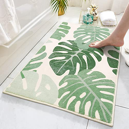 Lukinbox Green Bathroom Rugs Non Slip, Cute Washable Bath Rugs Mat, Small Leaf Bathroom Mat Soft Plant Area Rug for Indoor Shower Bathtub, 20x31