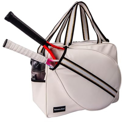 Remobia Hicol vitt PU-läder kvinnor stor sporthandväska tennisracket axelväska tennis tygväska för 2 racketar, med vattenflaskhållare, Vit med beige, En storlek, Hållbar