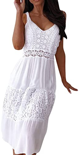 Abito da spiaggia da donna, estivo, sexy, con scollo a V, tinta unita, elegante, in pizzo, patchwork, senza maniche, lunghezza al ginocchio, per il tempo libero, traspirante, abito swing, bianco, M