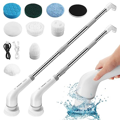 FUNYKICH Elektrische Reinigungsbürste, Kabellos Multi Srubber Spin Scrubber mit 8 austauschbaren Bohrbürstenköpfen, 125cm verstellbarem Griff, Elektrische Bürste zum putzen für Küche Bad Spüle Auto