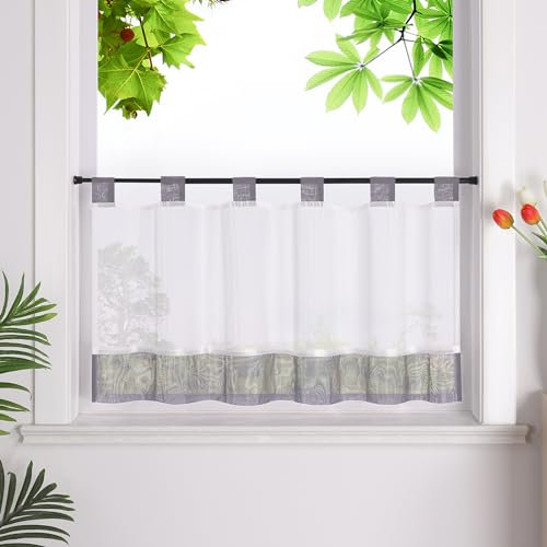 HeichkelL Scheibengardine mit Schlaufen Leinenoptik Gardine Halbtransparent Bistrogardine Landhausstil Kurzstores Grau HxB 45x90cm