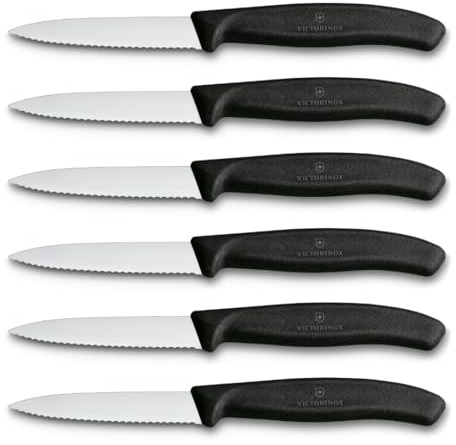 Victorinox Set di Coltelli per Verdure Professionali Swiss Classic, 6 Pezzi, Coltelli Multiuso, Lame Affilate Ondulate, 8 cm, Robusti Manici in Plastica, Nero