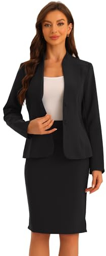 Allegra K Mujer Conjuntos De Negocios De 2 Piezas para Chaqueta Sin Cuello Y Traje Formal De Falda Lápiz Negro M