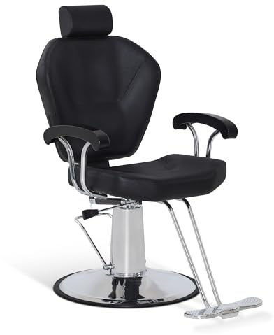 Barberpub Sedia da parrucchiere con poggiatesta, sedia da parrucchiere con pompa idraulica, girevole a 360°, regolabile in altezza, sedia da barbiere in PVC, 8816 (nero)