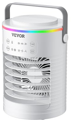 VEVOR Portable Air Conditioner, 4-in-1 Evaporative Air Cooler, 3-Speed Mini Air Conditioner with Smart Timer, 600ml Water Tank, 7-Color Light, Personal Mini Desk AC Fan for Bedroom Office Room