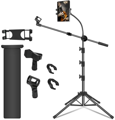 Soporte para micrófono, soporte de micrófono con soporte para tablet y teléfono, altura ajustable, brazo de cuello de cisne con 2 clips de micrófono para cantar en escenario, fiesta