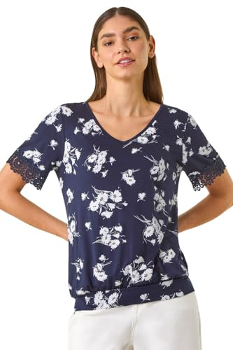 Roman Originals Blouson Top for Women Ladies Bubble Hem Stretchy Jersey Puff Sleeve Summer Smart Casual Office Work Spring Everyday Evening Vacation Work Holiday V Neck - Navy Floral - Size 14
