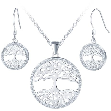 Yumilok 925 sterlingsilver livsträd kedja med hänge damer halsband livets träd örhängen damer hängande set zirkonia för kvinnor kvinnor, Silver