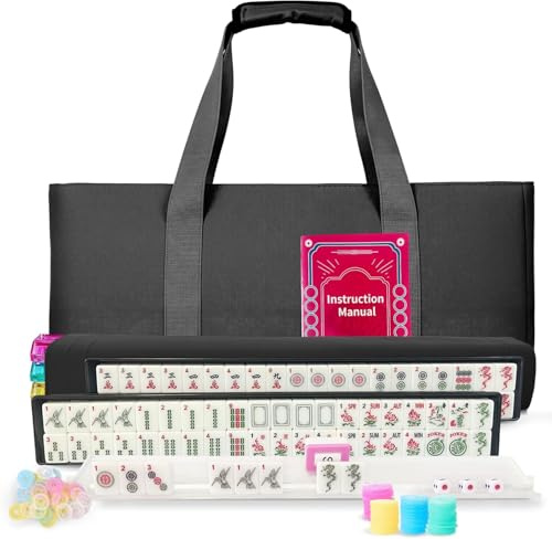 Yedadi Mahjong Tile Set,166 White Tiles Mahjong Set, 4 All-in-One Rack/Pushers /3 dice, /100 Money Chips /1 Mahjong Instructions, American Mahjong Set with Black Carrying Bag