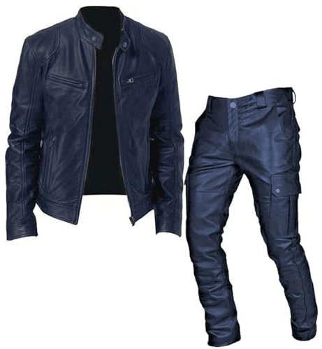 Combinaison de moto en cuir synthétique pour homme – Veste de moto entièrement zippée avec plusieurs poches et pantalon cargo en polyuréthane, veste et pantalon imperméables, noir foncé, XXXXXL