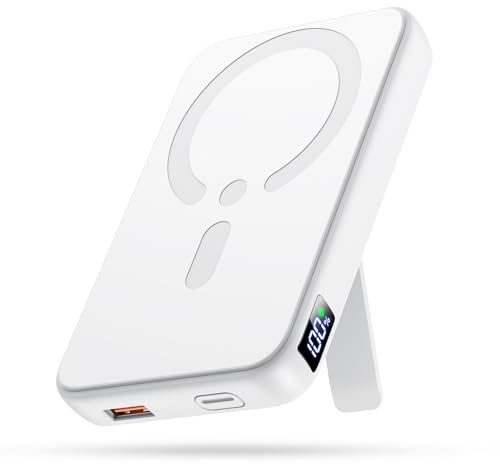 Kabellose Powerbank für Magsafe, 12000mAh Power Bank mit Klappbarem Standfuß, 22.5W PD USB-A Ausgabe, Powerbank mit Typ-C Eingang und Ausgang, LED-Anzeige für iPhone 17/16/15/14/13/12/Pro/Pro Max