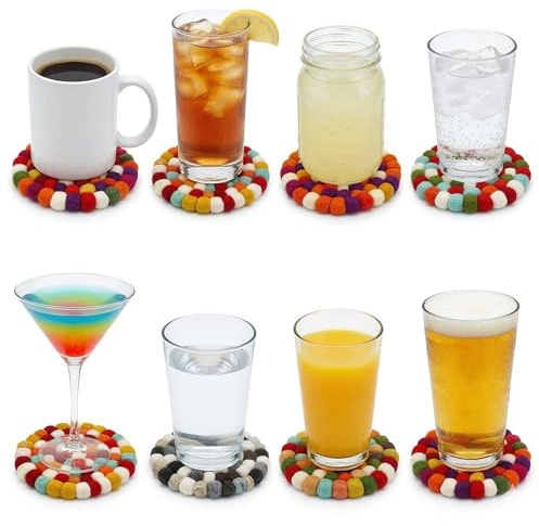 8pcs Color-Coded Party Coaster Set – One Coaster Per Drink, Handmade Felt Ball Trivets, Feltiful Trivets that Prevent Drink Mix-Ups, Absorbent, Heat-Insulating & Table-Protective